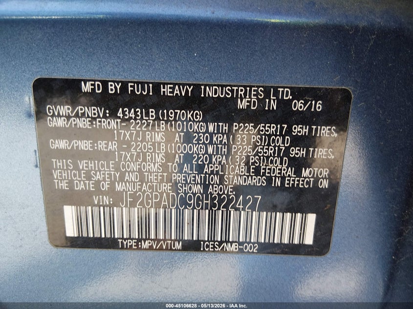 2016 Subaru Xv VIN JF2GPADC9GH322427 IAAI salvage auction — LEFT SIDE, Original (Texas), sold $3,550 on 2026-07-14 (photo 9)