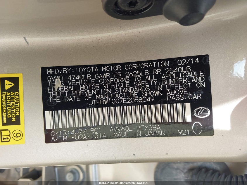 2014 Lexus ES VIN JTHBW1GG7E2058049 IAAI salvage auction — FRONT END, Salvage (Texas), sold $2,850 on 2026-07-13 (photo 9)