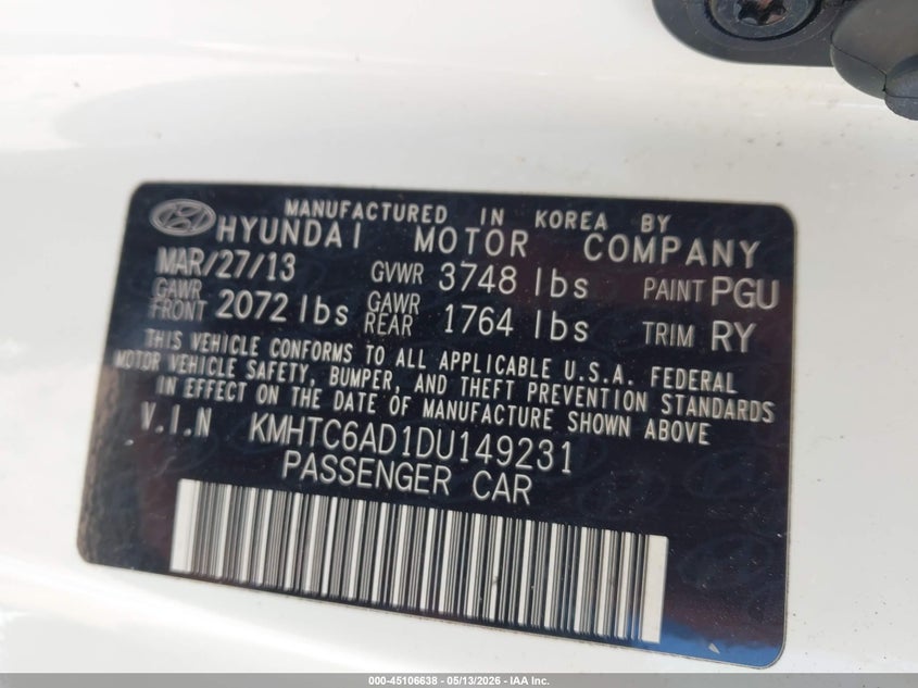 2013 Hyundai Veloster VIN KMHTC6AD1DU149231 IAAI salvage auction — FRONT END, Salvage (North Carolina), sold $475 on 2026-07-17 (photo 9)