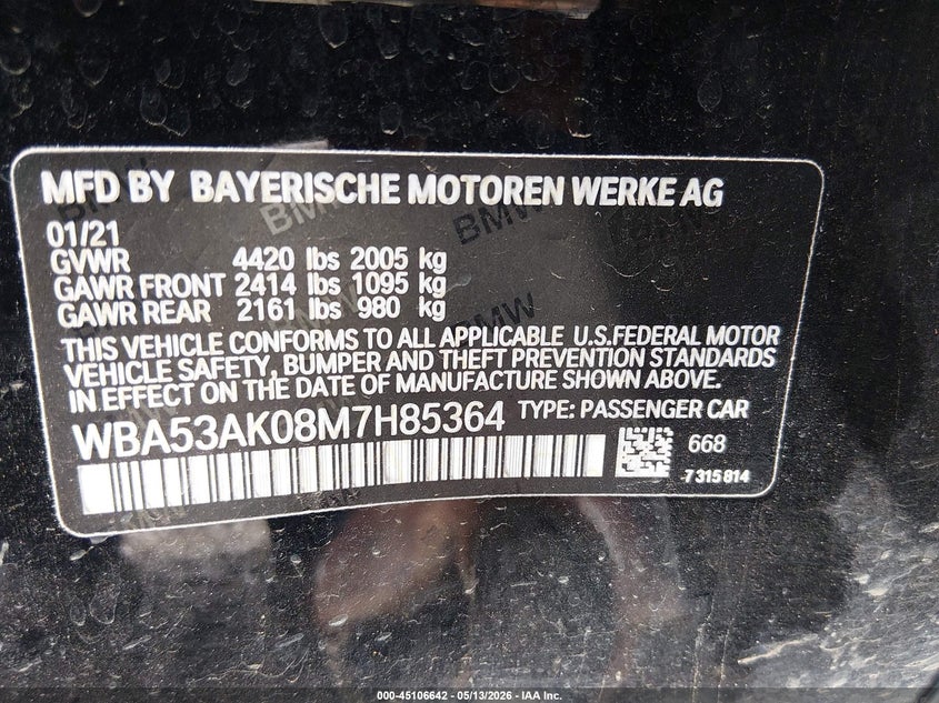 2021 BMW 2er VIN WBA53AK08M7H85364 IAAI salvage auction — FRONT END, Salvage (South Carolina), sold $1,300 on 2026-07-08 (photo 9)