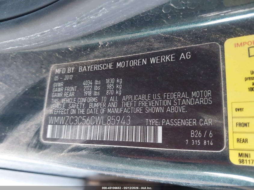 2012 Mini VIN WMWZC3C56CWL85943 IAAI salvage auction — NORMAL WEAR, Clear-Dealer Only (Arizona), sold $475 on 2026-07-28 (photo 9)