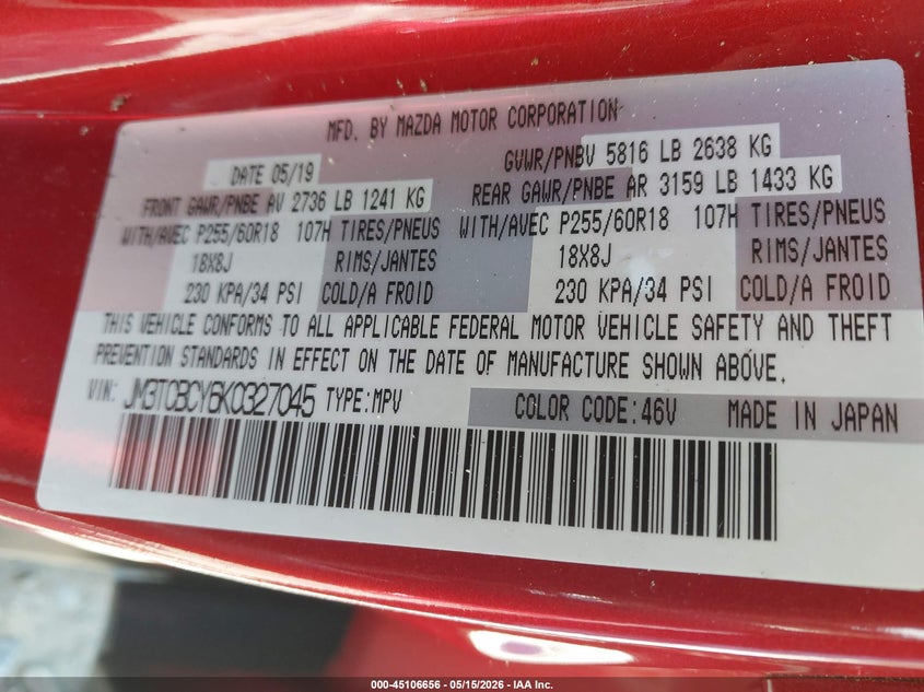 2019 Mazda Cx-9 VIN JM3TCBCY6K0327045 IAAI salvage auction — RIGHT SIDE, Salvage (Virginia), sold $2,400 on 2026-07-27 (photo 9)