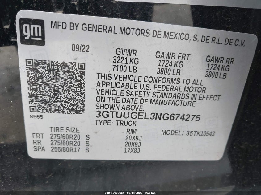 2022 Gmc Sierra 1500 VIN 3GTUUGEL3NG674275 IAAI salvage auction — LEFT & RIGHT, Salvage (Virginia), sold $14,600 on 2026-07-21 (photo 9)