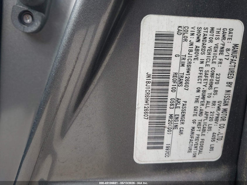 2017 Nissan Rogue VIN JN1BJ1CR6HW126607 IAAI salvage auction — REAR END, Salvage (Georgia), sold $1,350 on 2026-07-10 (photo 9)