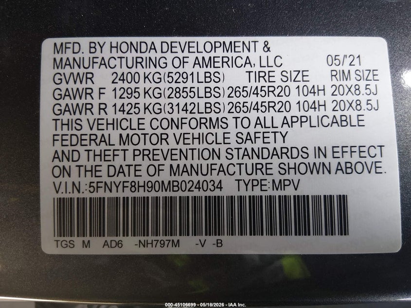 2021 Honda Passport VIN 5FNYF8H90MB024034 IAAI salvage auction — HAIL, Salvage (Kansas), sold $8,300 on 2026-07-15 (photo 9)