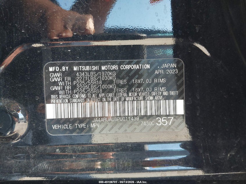 2023 Mitsubishi Outlander VIN JA4ARUAU8PU011439 IAAI salvage auction — FRONT END, Original (Texas), sold $6,600 on 2026-07-09 (photo 9)