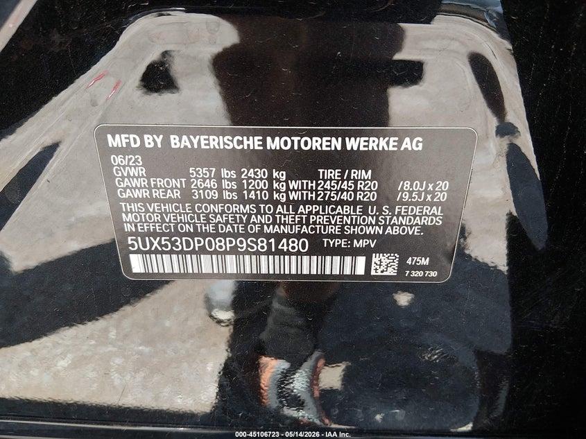 2023 BMW X3 VIN 5UX53DP08P9S81480 IAAI salvage auction — FRONT END, Junk (Oklahoma), sold $14,950 on 2026-07-15 (photo 9)