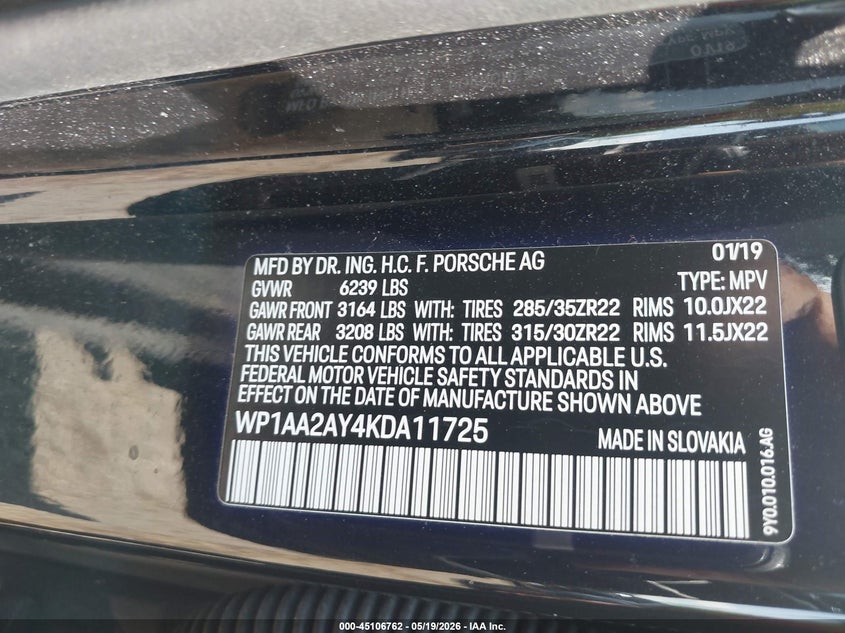 2019 Porsche Cayenne VIN WP1AA2AY4KDA11725 IAAI salvage auction — RIGHT FRONT, Wait Title, sold $9,300 on 2026-09-05 (photo 9)