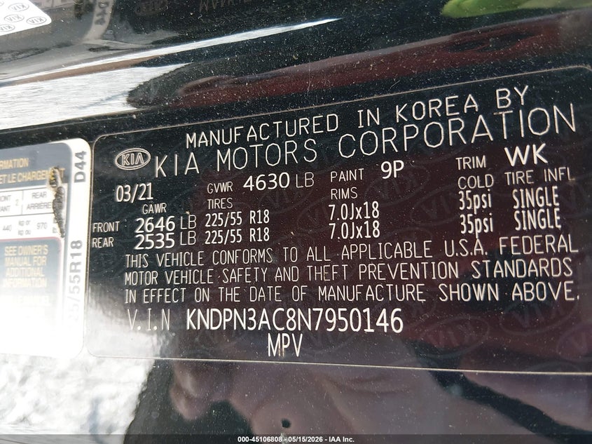 2022 Kia Sportage VIN KNDPN3AC8N7950146 IAAI salvage auction — ALL OVER, Rebuildable (Florida), sold $600 on 2026-07-23 (photo 9)