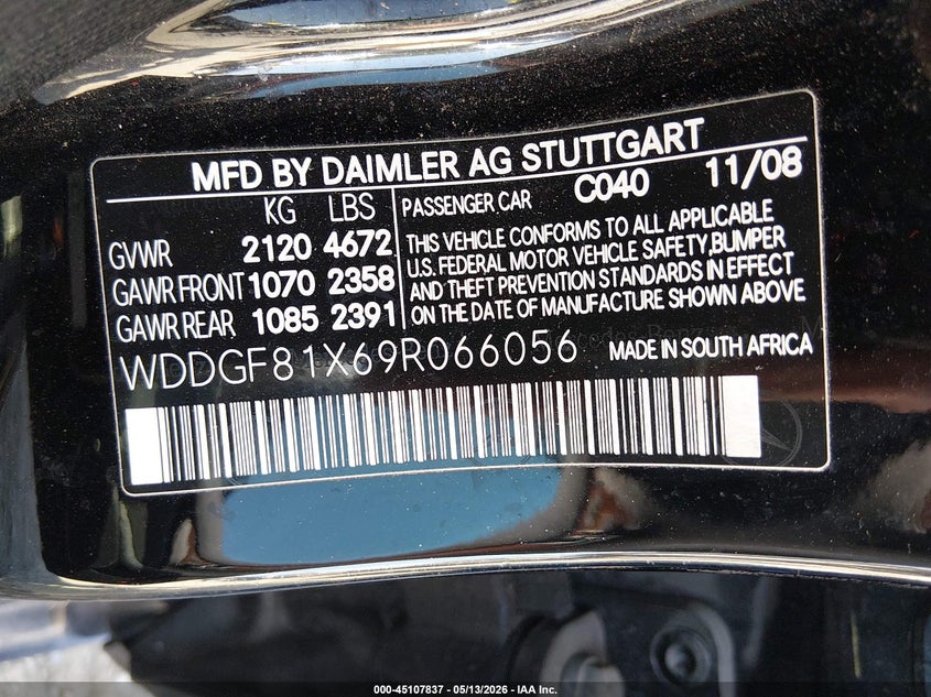2009 Mercedes-benz C class VIN WDDGF81X69R066056 IAAI salvage auction — LEFT FRONT, Salvage (Tennessee), sold $550 on 2026-07-23 (photo 9)