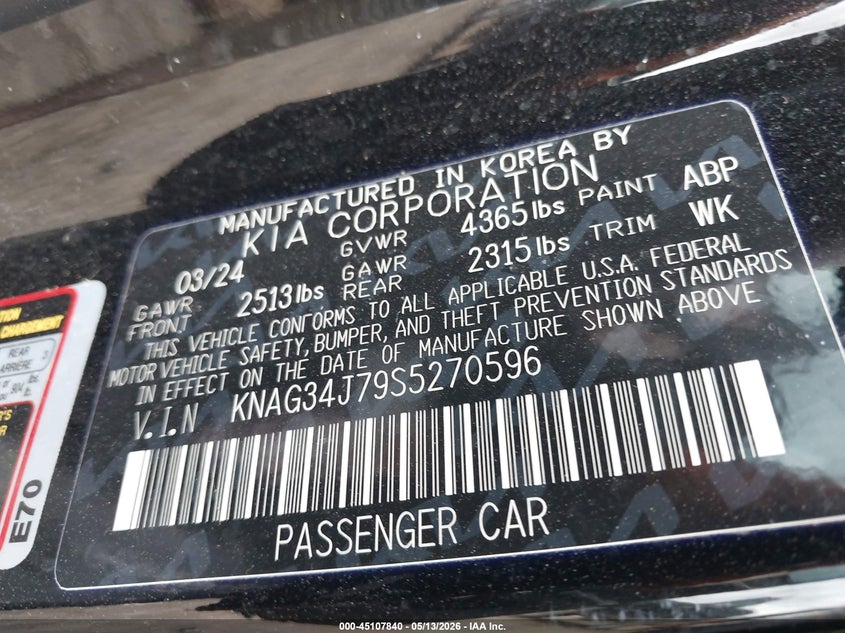 2025 Kia K5 VIN KNAG34J79S5270596 IAAI salvage auction — RIGHT SIDE, Salvage Title, sold $2,350 on 2026-07-29 (photo 9)