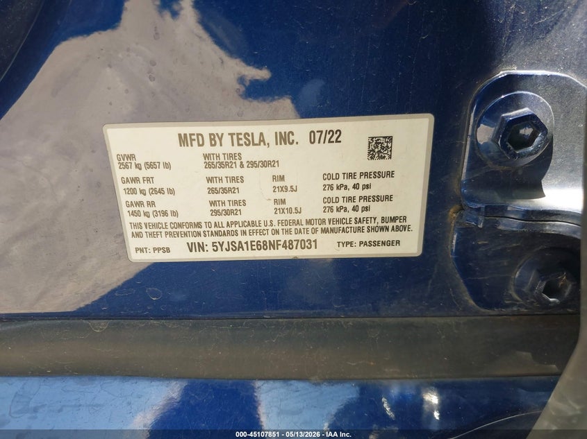 2022 Tesla Model s VIN 5YJSA1E68NF487031 IAAI salvage auction — FRONT END, Original (Texas), sold $40,200 on 2026-07-16 (photo 9)
