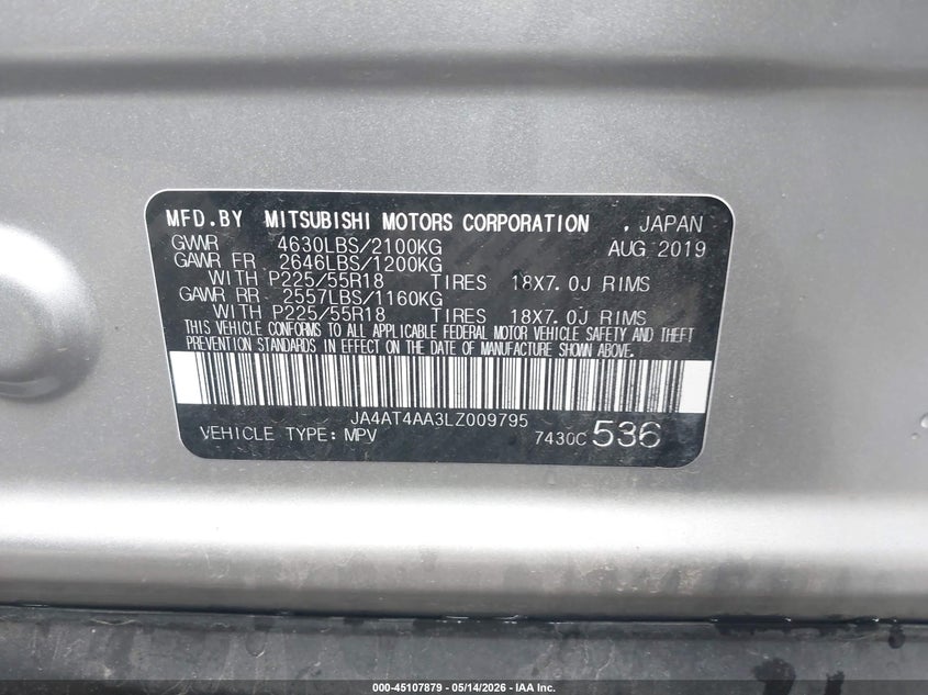 2020 Mitsubishi Eclipse cross VIN JA4AT4AA3LZ009795 IAAI salvage auction — FRONT END, Mv-907A (New York), sold $400 on 2026-07-14 (photo 9)