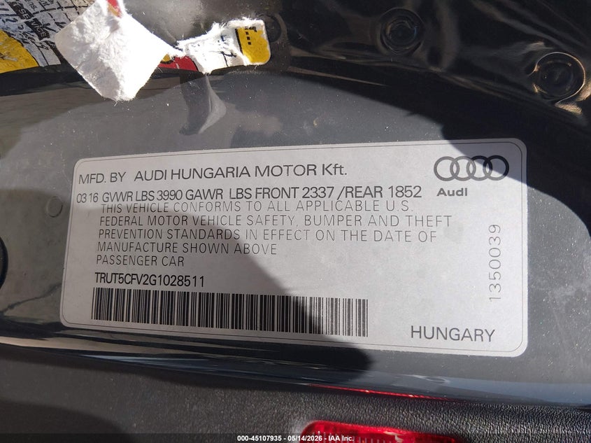 2016 Audi Tt VIN TRUT5CFV2G1028511 IAAI salvage auction — HAIL, Salvage (Ohio), sold $7,750 on 2026-07-14 (photo 9)