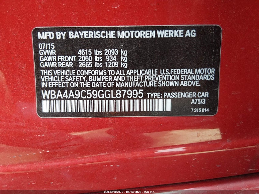 2016 BMW 4er VIN WBA4A9C59GGL87995 IAAI salvage auction — RIGHT FRONT, Original (Texas), sold $4,000 on 2026-07-11 (photo 9)