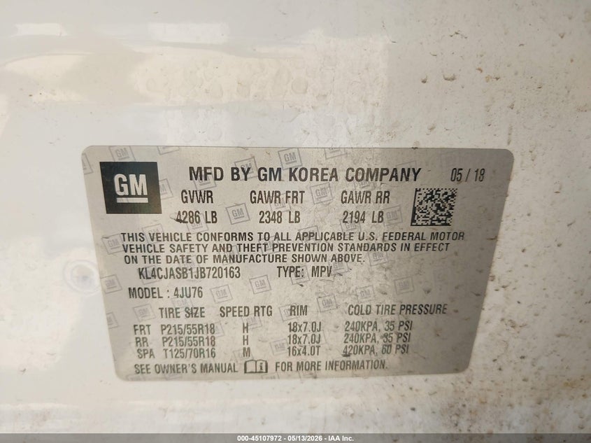 2018 Buick Encore VIN KL4CJASB1JB720163 IAAI salvage auction — FRONT END, Clear (Oklahoma), sold $3,075 on 2026-07-15 (photo 9)