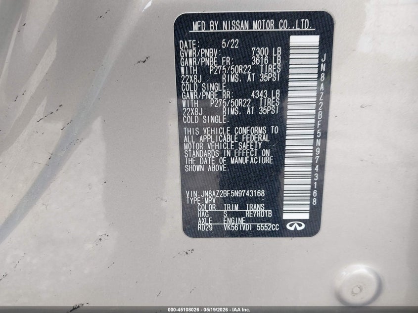 2022 Infiniti Qx80 VIN JN8AZ2BF5N9743168 IAAI salvage auction — UNKNOWN, Non-Repairable (Texas), sold $10,000 on 2026-07-14 (photo 9)