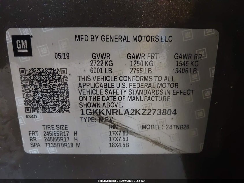 2019 Gmc Acadia VIN 1GKKNRLA2KZ273804 IAAI salvage auction — NORMAL WEAR, Sf97 (Michigan), sold $11,350 on 2026-07-20 (photo 9)