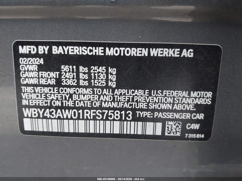 2024 BMW I4 VIN WBY43AW01RFS75813 IAAI salvage auction — SIDE, Salvage (Idaho), sold $15,700 on 2026-07-21 (photo 9)