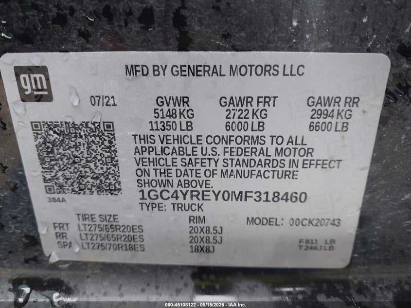 2021 Chevrolet Silverado VIN 1GC4YREY0MF318460 IAAI salvage auction — HAIL, Salvage Title, sold $20,000 on 2026-09-10 (photo 8)