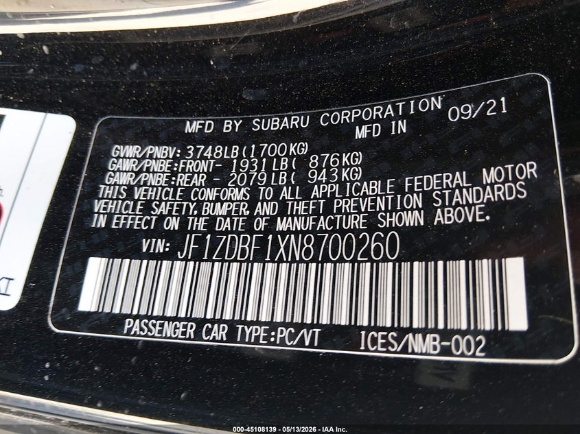 2022 Subaru Brz VIN JF1ZDBF1XN8700260 IAAI salvage auction — WATER/FLOOD, Salvage (Texas), sold $4,150 on 2026-07-07 (photo 9)