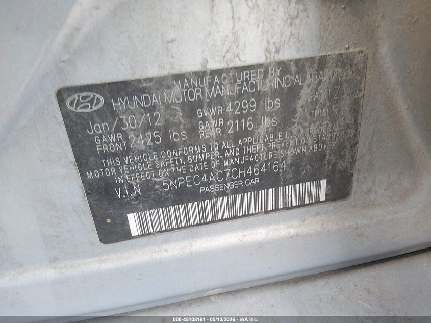 2012 Hyundai Sonata VIN 5NPEC4AC7CH464164 IAAI salvage auction — LEFT SIDE, Salvage (North Carolina), sold $875 on 2026-07-22 (photo 9)