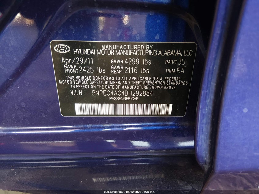 2011 Hyundai Sonata VIN 5NPEC4AC4BH292884 IAAI salvage auction — NORMAL WEAR, Clear-Dealer Only (Arizona), sold $900 on 2026-07-21 (photo 9)