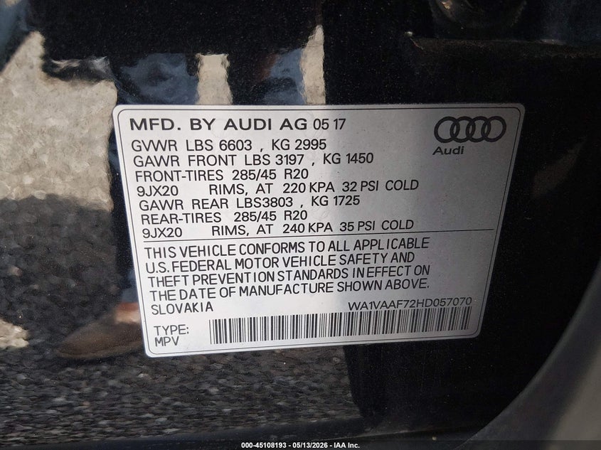 2017 Audi Q7 VIN WA1VAAF72HD057070 IAAI salvage auction — FRONT END, Salvage (South Carolina), sold $7,900 on 2026-07-28 (photo 9)