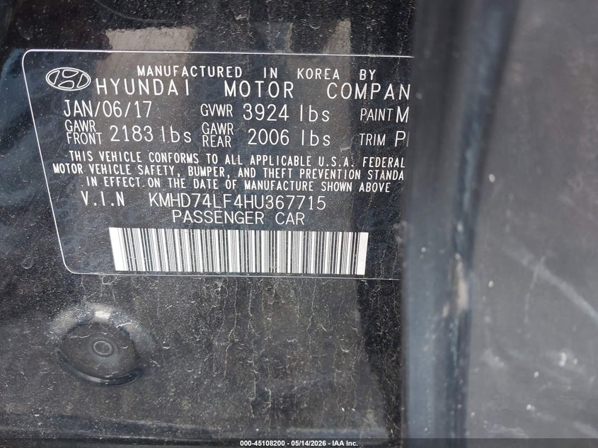 2017 Hyundai Elantra VIN KMHD74LF4HU367715 IAAI salvage auction — FRONT END, Salvage - Greater Than 75% (Maryland), sold $825 on 2026-07-06 (photo 9)