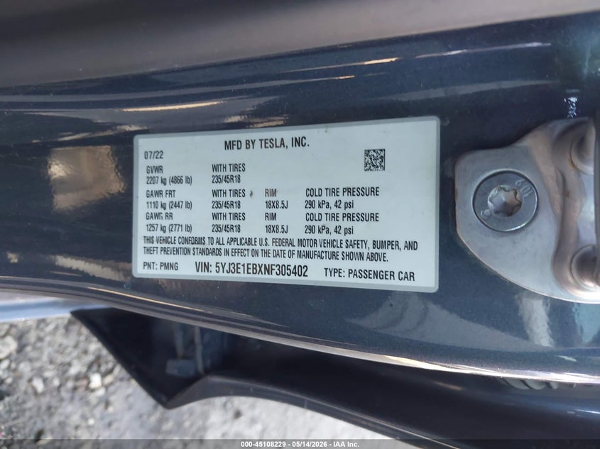 2022 Tesla Model 3 VIN 5YJ3E1EBXNF305402 IAAI salvage auction — REAR END, Original (Texas), sold $7,700 on 2026-07-23 (photo 9)