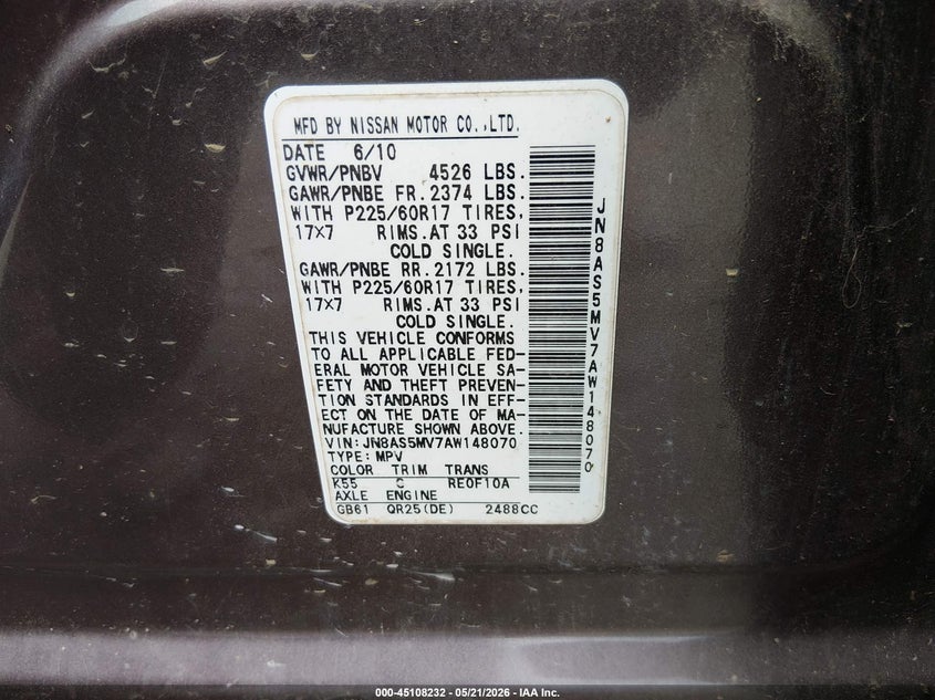 2010 Nissan Rogue VIN JN8AS5MV7AW148070 IAAI salvage auction — NORMAL WEAR, Original (Kentucky), sold $375 on 2026-07-06 (photo 9)