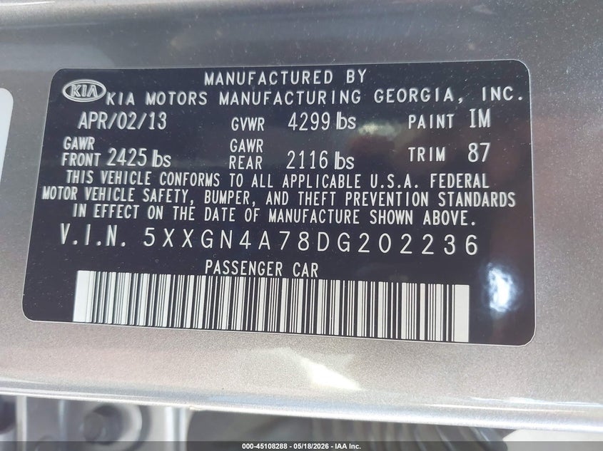 2013 Kia Optima VIN 5XXGN4A78DG202236 IAAI salvage auction — UNKNOWN, Clear - Dealer Only (California), sold $375 on 2026-07-29 (photo 9)