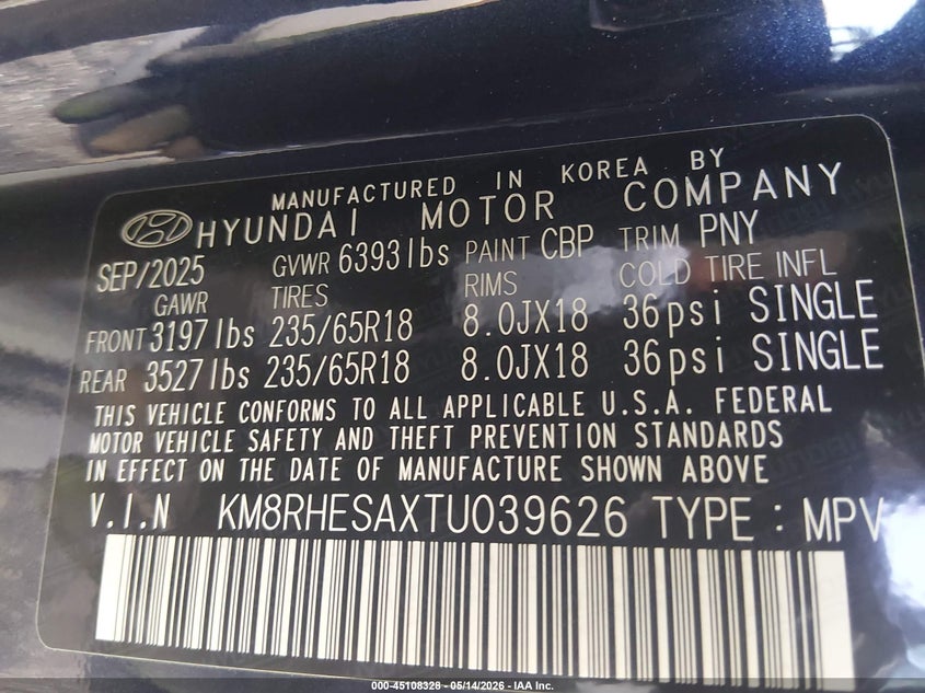 2026 Hyundai Palisade VIN KM8RHESAXTU039626 IAAI salvage auction — FRONT END, Salvage (Idaho), sold $17,250 on 2026-07-13 (photo 9)