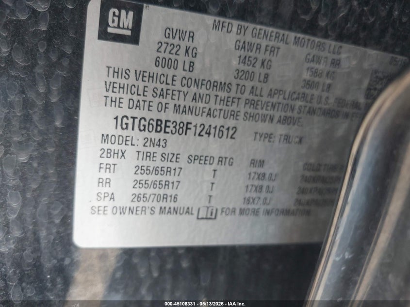 2015 Gmc Canyon VIN 1GTG6BE38F1241612 IAAI salvage auction — STORM DAMAGE, Original (Texas), sold $8,125 on 2026-07-28 (photo 9)