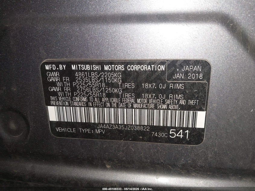 2018 Mitsubishi Outlander VIN JA4AZ3A35JZ038822 IAAI salvage auction — FRONT END, Prior Salvage (Minnesota), sold $975 on 2026-07-21 (photo 9)