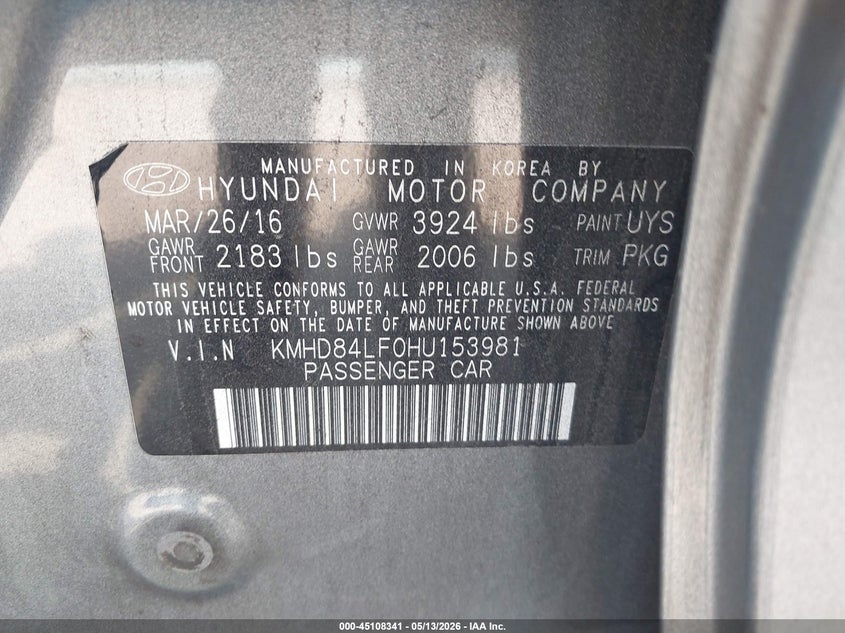 2017 Hyundai Elantra VIN KMHD84LF0HU153981 IAAI salvage auction — REAR END, Salvage (Tennessee), sold $950 on 2026-07-29 (photo 9)