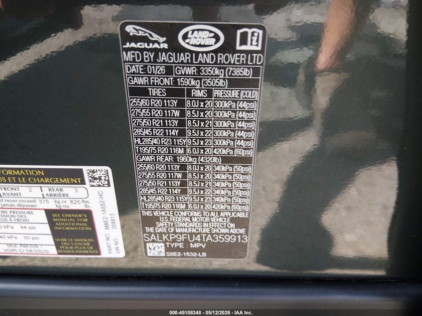 2026 Land rover RANGE ROVER VIN SALKP9FU4TA359913 IAAI salvage auction — FRONT END, Salvage (Louisiana), sold $69,975 on 2026-07-06 (photo 9)