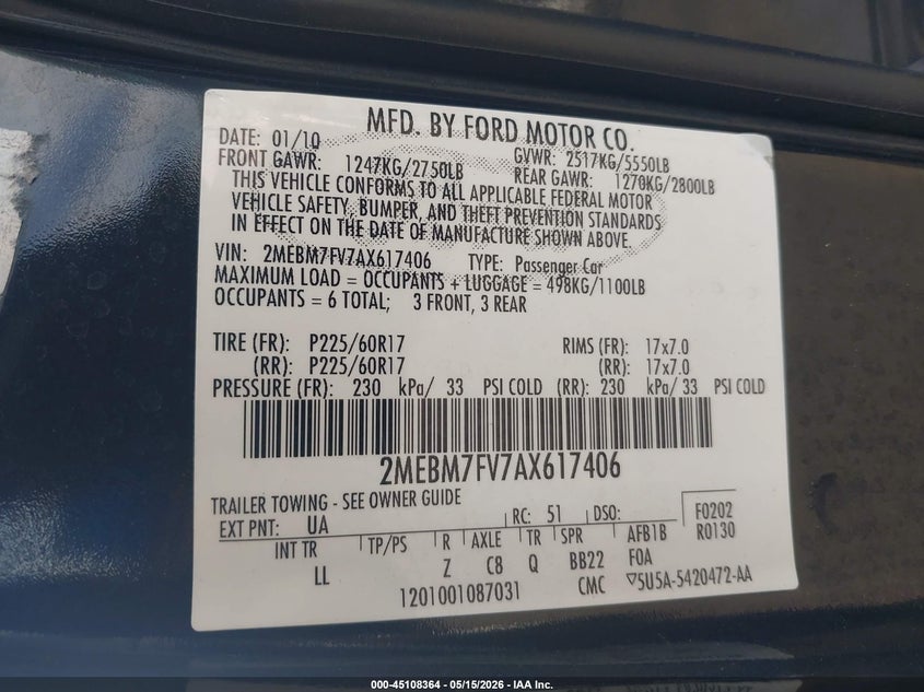 2010 Mercury Grand marquis VIN 2MEBM7FV7AX617406 IAAI salvage auction — RIGHT FRONT, Clear (Arkansas), sold $750 on 2026-07-22 (photo 9)