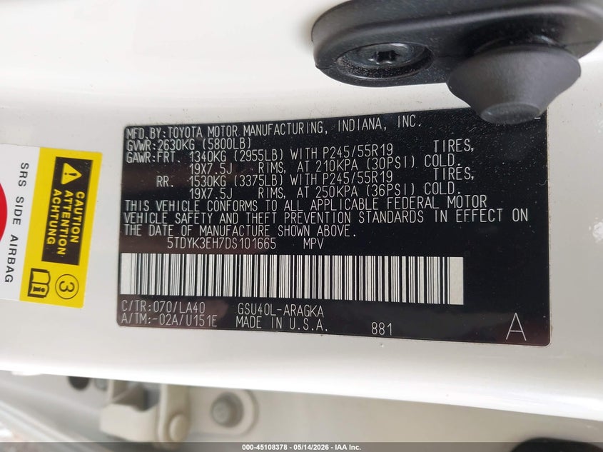2013 Toyota Highlander VIN 5TDYK3EH7DS101665 IAAI salvage auction — FRONT END, Salvage (Virginia), sold $4,950 on 2026-07-14 (photo 9)