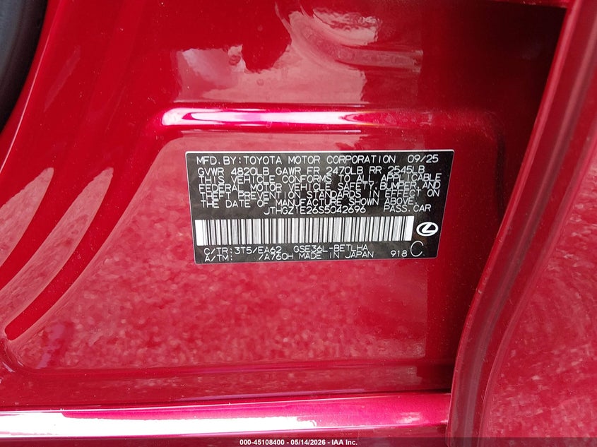 2025 Lexus Is VIN JTHGZ1E26S5042696 IAAI salvage auction — FRONT END, Salvage - Greater Than 75% (Maryland), sold $7,675 on 2026-07-27 (photo 9)