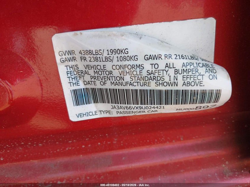 2009 Mitsubishi Lancer VIN JA3AV66VX9U024421 IAAI salvage auction — FRONT END, Salvage (New Jersey), sold $2,150 on 2026-07-20 (photo 9)