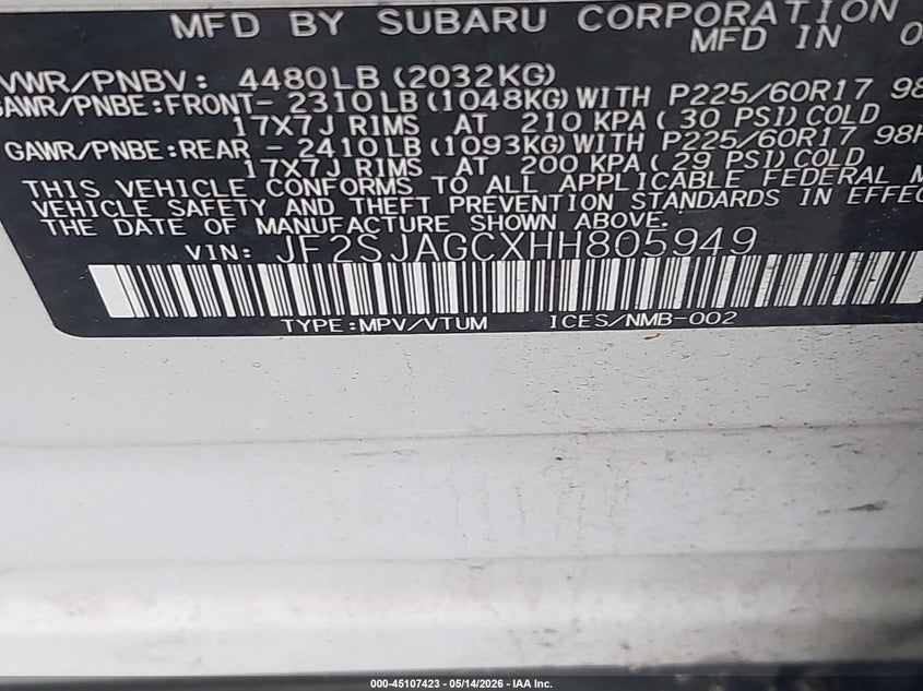2017 Subaru Forester VIN JF2SJAGCXHH805949 IAAI salvage auction — REPOSSESSION, Clear (New York), sold $425 on 2026-07-14 (photo 9)