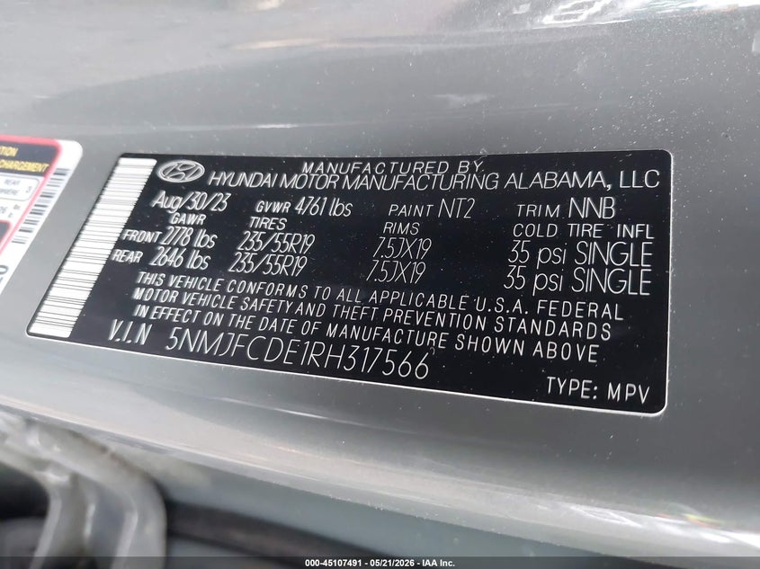 2024 Hyundai Tucson VIN 5NMJFCDE1RH317566 IAAI salvage auction — FRONT END, Salvage Title, sold $7,400 on 2026-07-31 (photo 9)