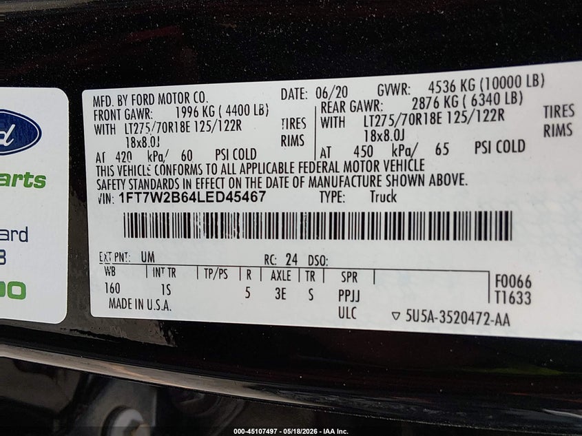 2020 Ford F250 VIN 1FT7W2B64LED45467 IAAI salvage auction — RIGHT SIDE, Salvage Title, sold $15,000 on 2026-07-27 (photo 9)