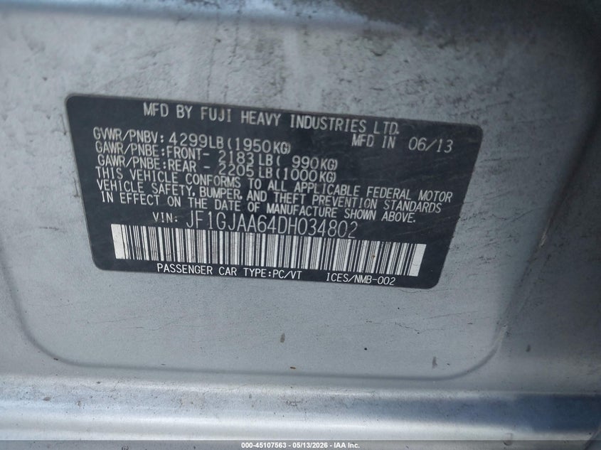 2013 Subaru Impreza VIN JF1GJAA64DH034802 IAAI salvage auction — FRONT END, Salvage (Pennsylvania), sold $550 on 2026-07-17 (photo 9)