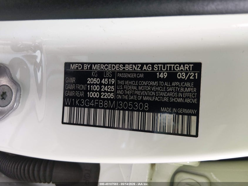 2021 Mercedes-benz A-klasse VIN W1K3G4FB8MJ305308 IAAI salvage auction — RIGHT SIDE, Salvage Title, sold $1,700 on 2026-07-27 (photo 9)