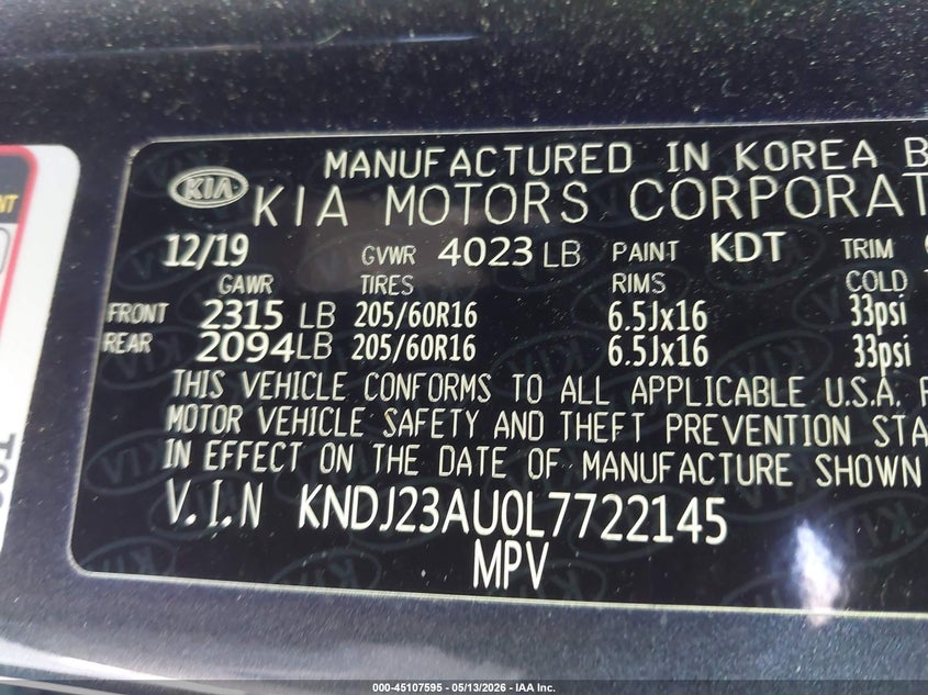 2020 Kia Soul VIN KNDJ23AU0L7722145 IAAI salvage auction — FRONT END, Salvage (North Carolina), sold $2,500 on 2026-07-20 (photo 9)