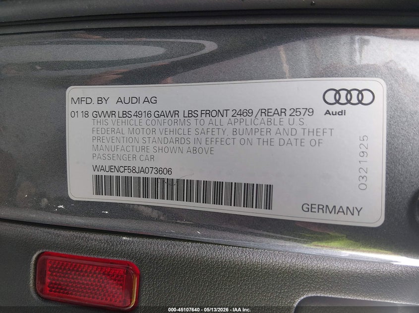 2018 Audi A5 VIN WAUENCF58JA073606 IAAI salvage auction — LEFT FRONT, Salvage Title, sold $7,900 on 2026-08-27 (photo 9)