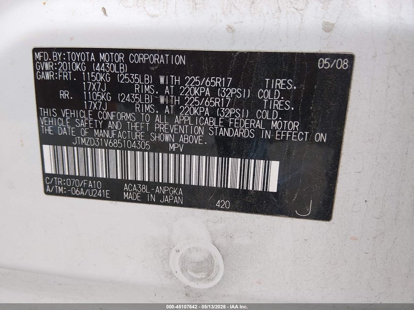 2008 Toyota Rav 4 VIN JTMZD31V685104305 IAAI salvage auction — FRONT END, Clear (Tennessee), sold $750 on 2026-07-09 (photo 9)