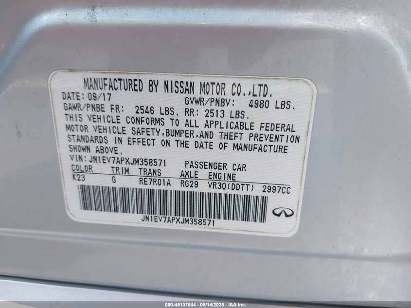 2018 Infiniti Q50 VIN JN1EV7APXJM358571 IAAI salvage auction — THEFT, Rebuildable (Florida), sold $3,475 on 2026-07-16 (photo 9)